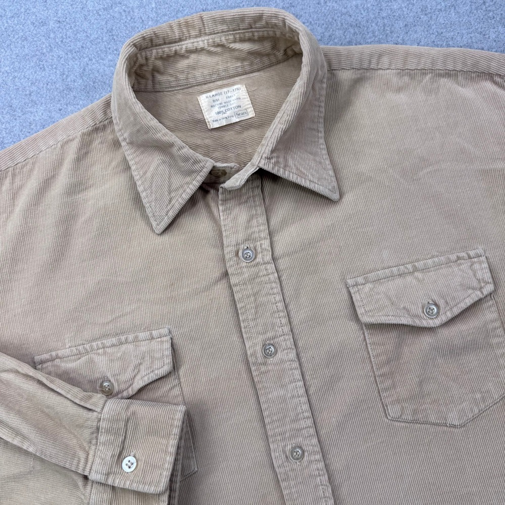 Vintage 70s Sears Corduroy Field Shirt Mens XL Khaki Tan Button Up Workwear FLAW